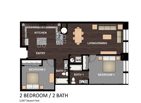 Floor plan for 2 beds, 2 baths, 1067 sqft